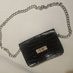 Steve Madden Black Croc-Embossed Chain Belt Bag